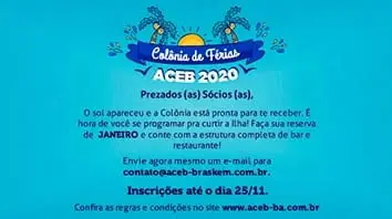 Inscrições Colônia de Férias ACEB período Janeiro 2020